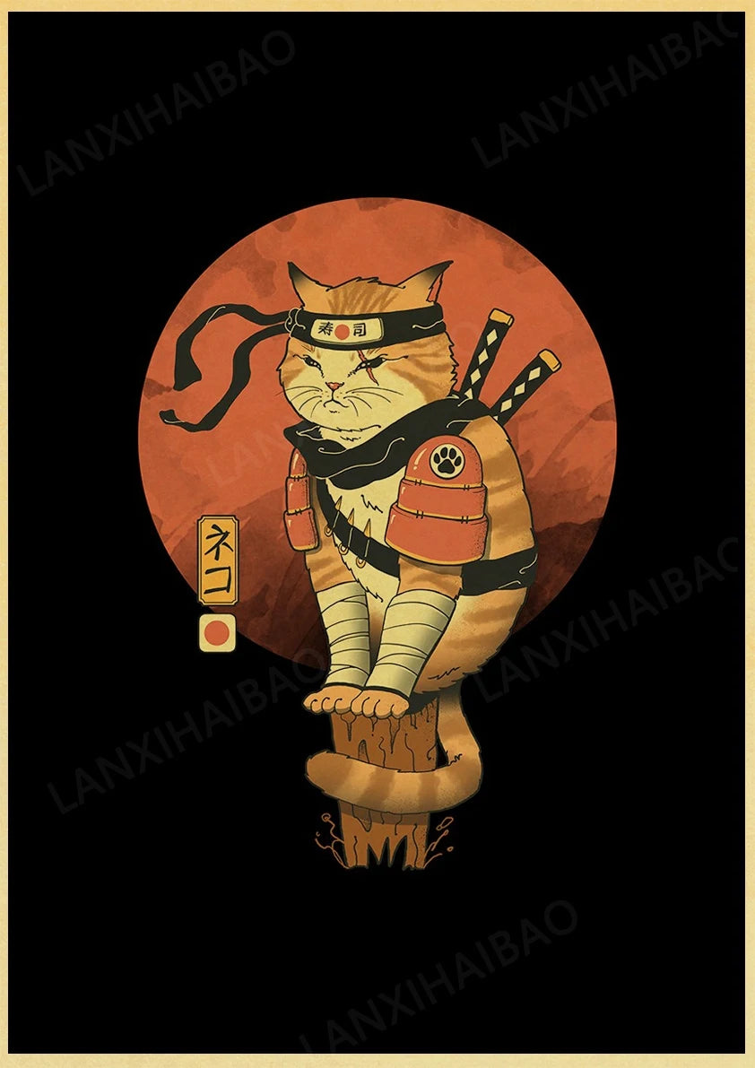 Retro Posters Bar decoration Japanese style Samurai cat Hand-Pulled Noodle octopus Waves Abstract Home Decor