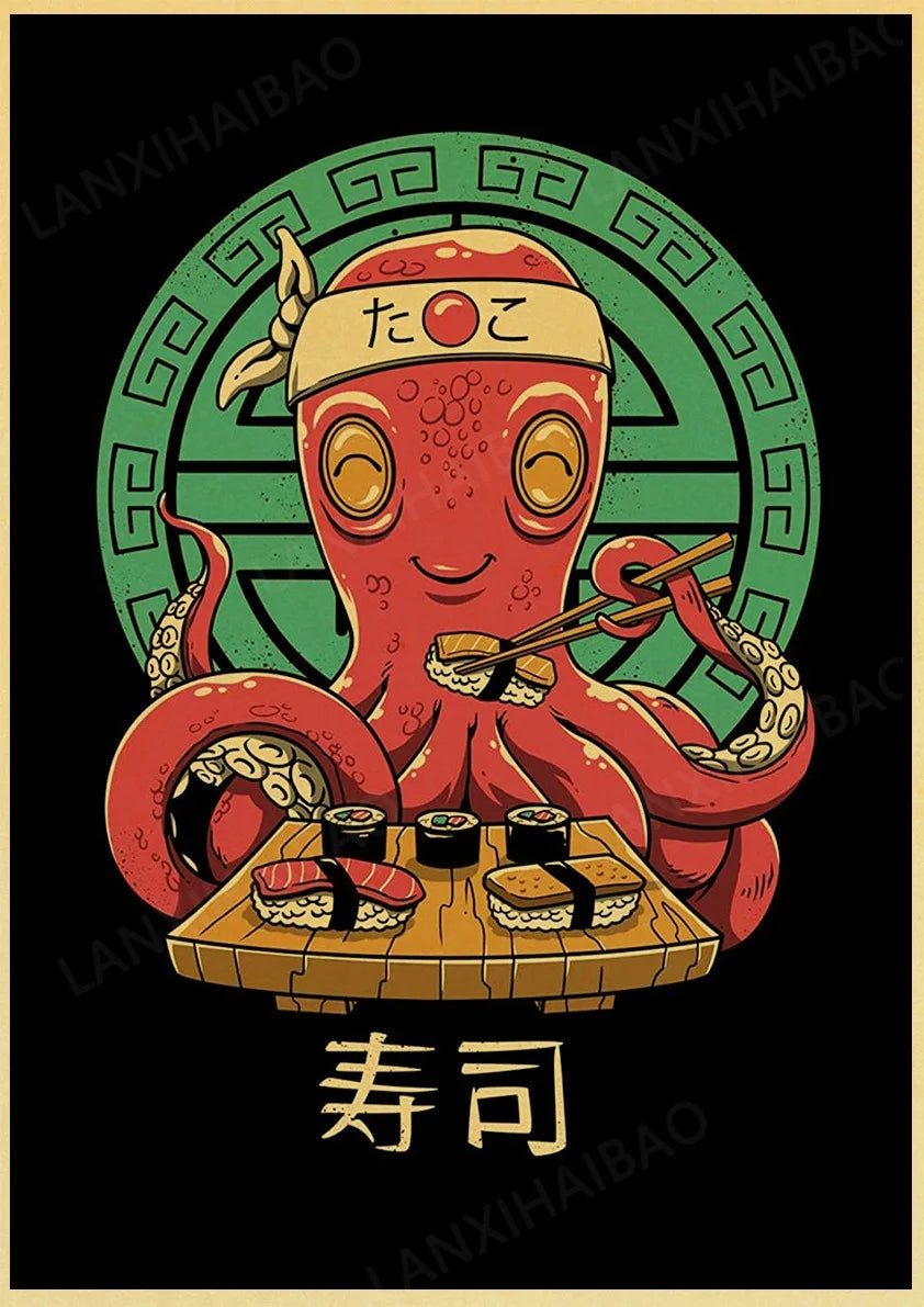 Retro Posters Bar decoration Japanese style Samurai cat Hand-Pulled Noodle octopus Waves Abstract Home Decor