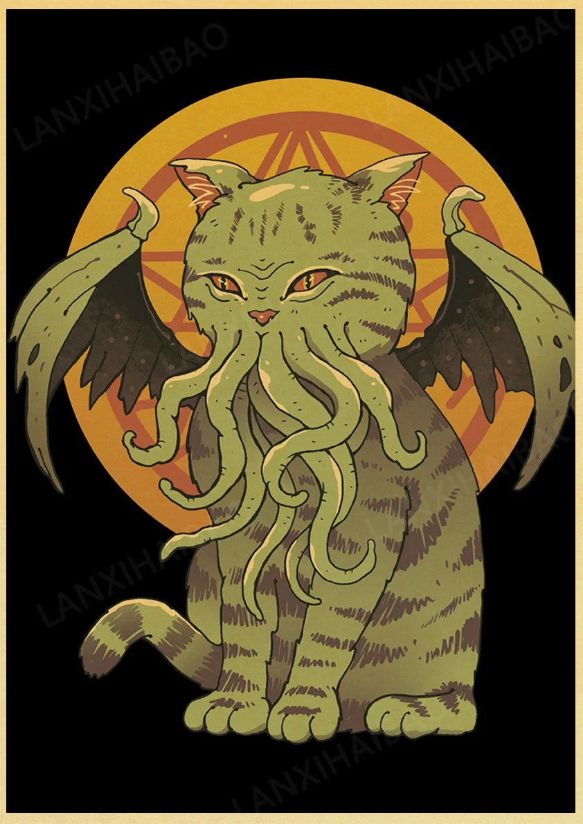 Retro Posters Bar decoration Japanese style Samurai cat Hand-Pulled Noodle octopus Waves Abstract Home Decor