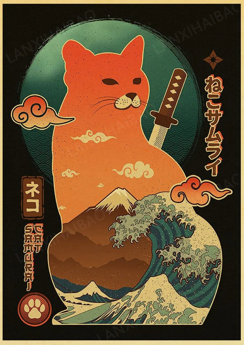 Retro Posters Bar decoration Japanese style Samurai cat Hand-Pulled Noodle octopus Waves Abstract Home Decor