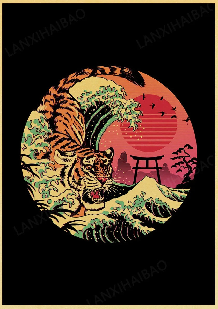 Retro Posters Bar decoration Japanese style Samurai cat Hand-Pulled Noodle octopus Waves Abstract Home Decor