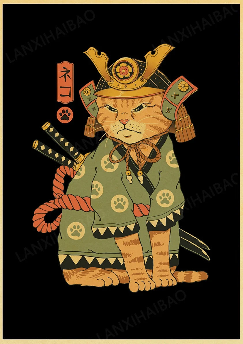 Retro Posters Bar decoration Japanese style Samurai cat Hand-Pulled Noodle octopus Waves Abstract Home Decor