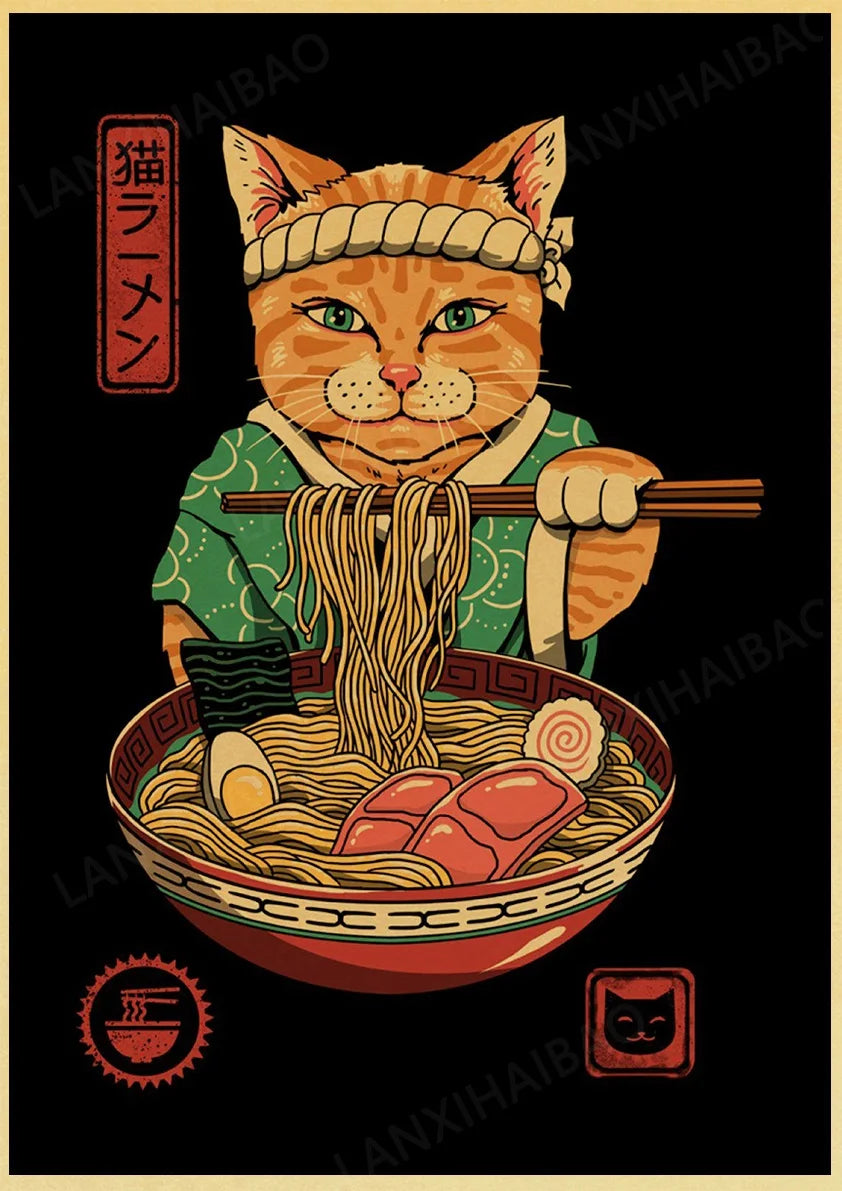 Retro Posters Bar decoration Japanese style Samurai cat Hand-Pulled Noodle octopus Waves Abstract Home Decor