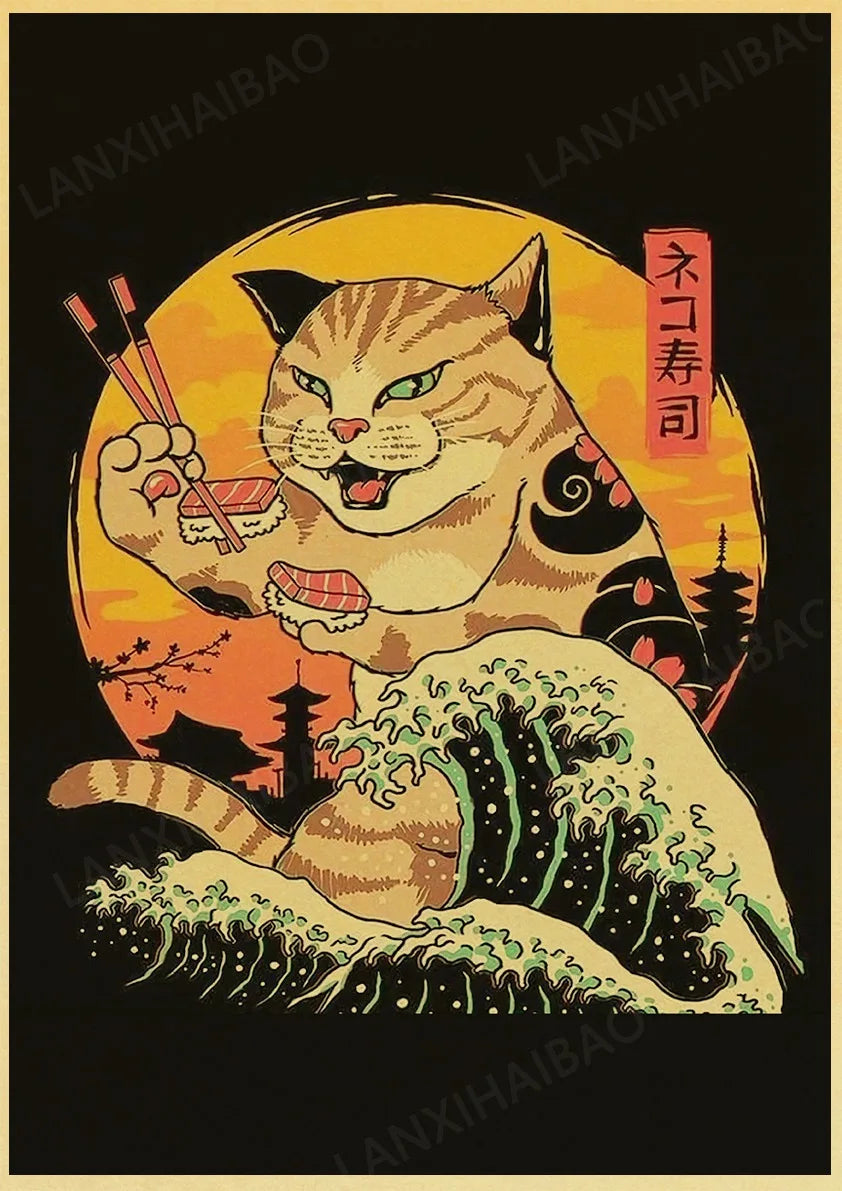 Retro Posters Bar decoration Japanese style Samurai cat Hand-Pulled Noodle octopus Waves Abstract Home Decor