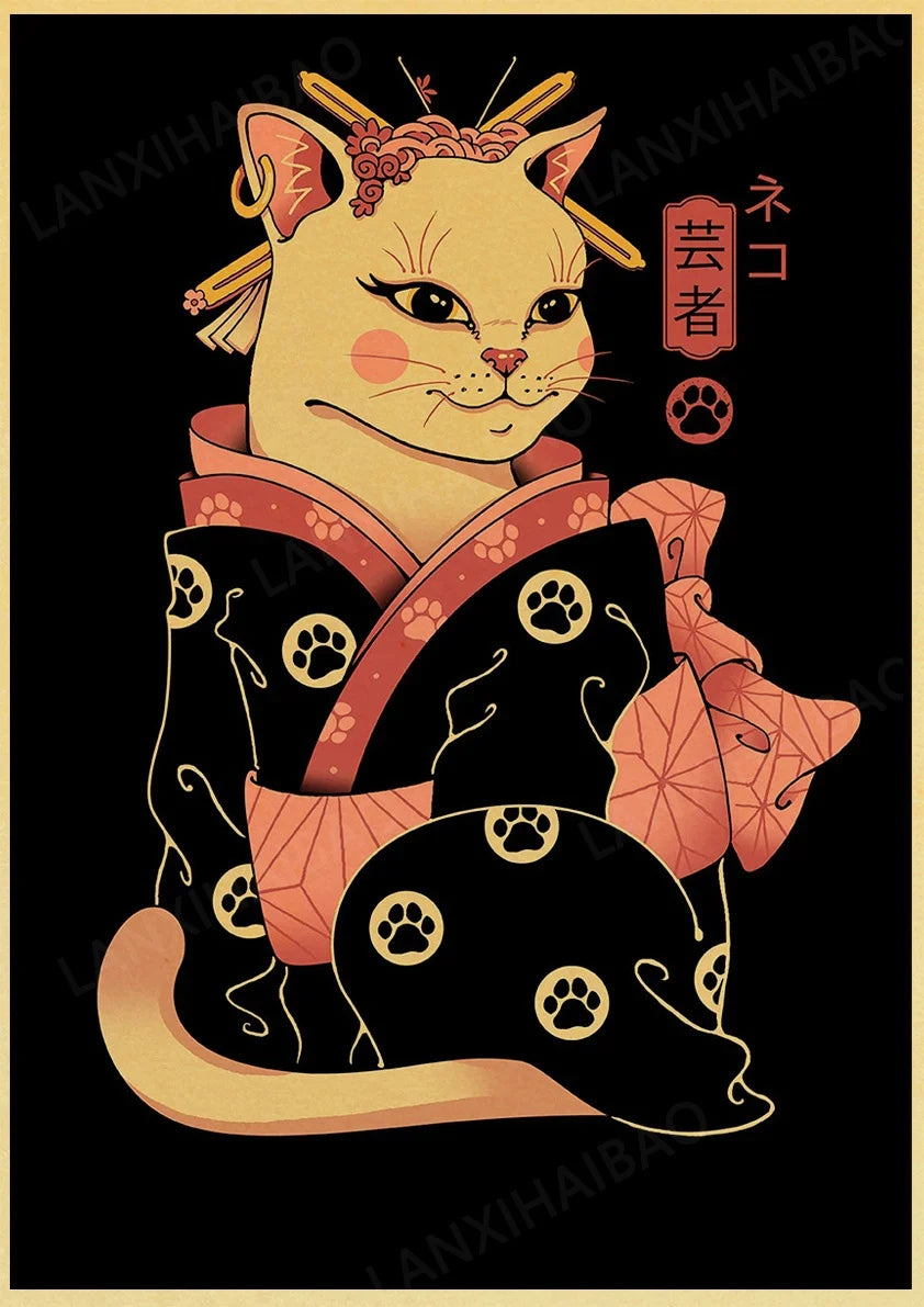 Retro Posters Bar decoration Japanese style Samurai cat Hand-Pulled Noodle octopus Waves Abstract Home Decor