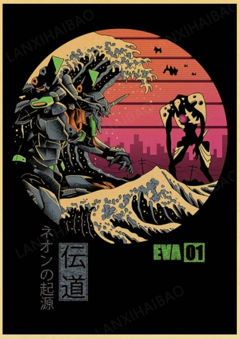Retro Posters Bar decoration Japanese style Samurai cat Hand-Pulled Noodle octopus Waves Abstract Home Decor