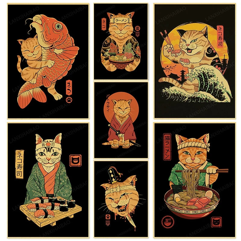 Retro Posters Bar decoration Japanese style Samurai cat Hand-Pulled Noodle octopus Waves Abstract Home Decor