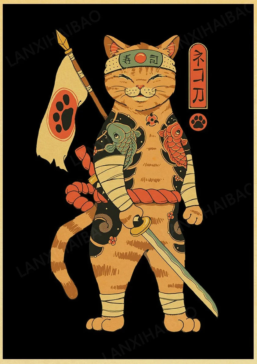 Retro Posters Bar decoration Japanese style Samurai cat Hand-Pulled Noodle octopus Waves Abstract Home Decor
