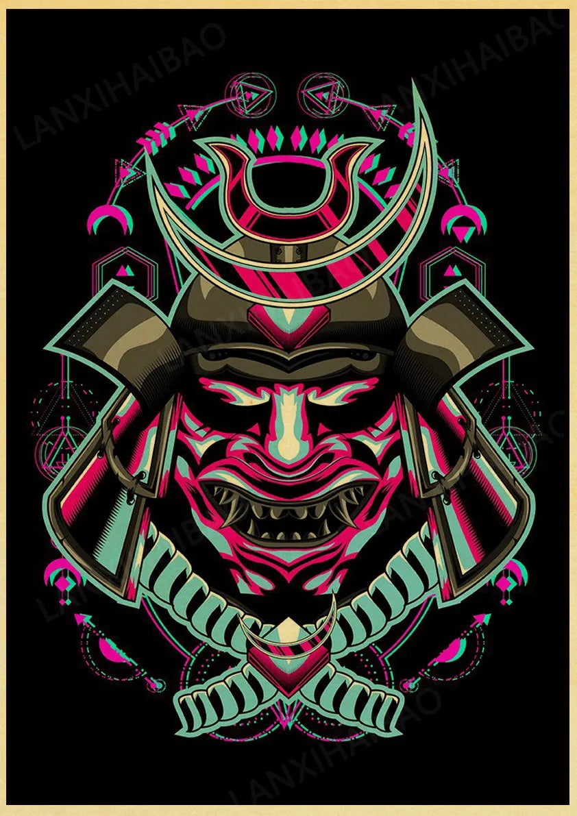 Retro Posters Bar decoration Japanese style Samurai cat Hand-Pulled Noodle octopus Waves Abstract Home Decor