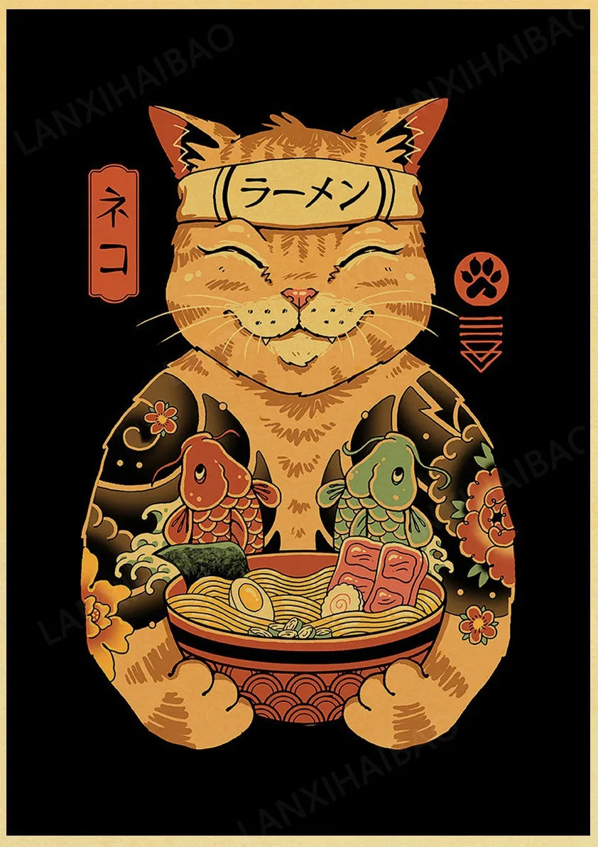 Retro Posters Bar decoration Japanese style Samurai cat Hand-Pulled Noodle octopus Waves Abstract Home Decor