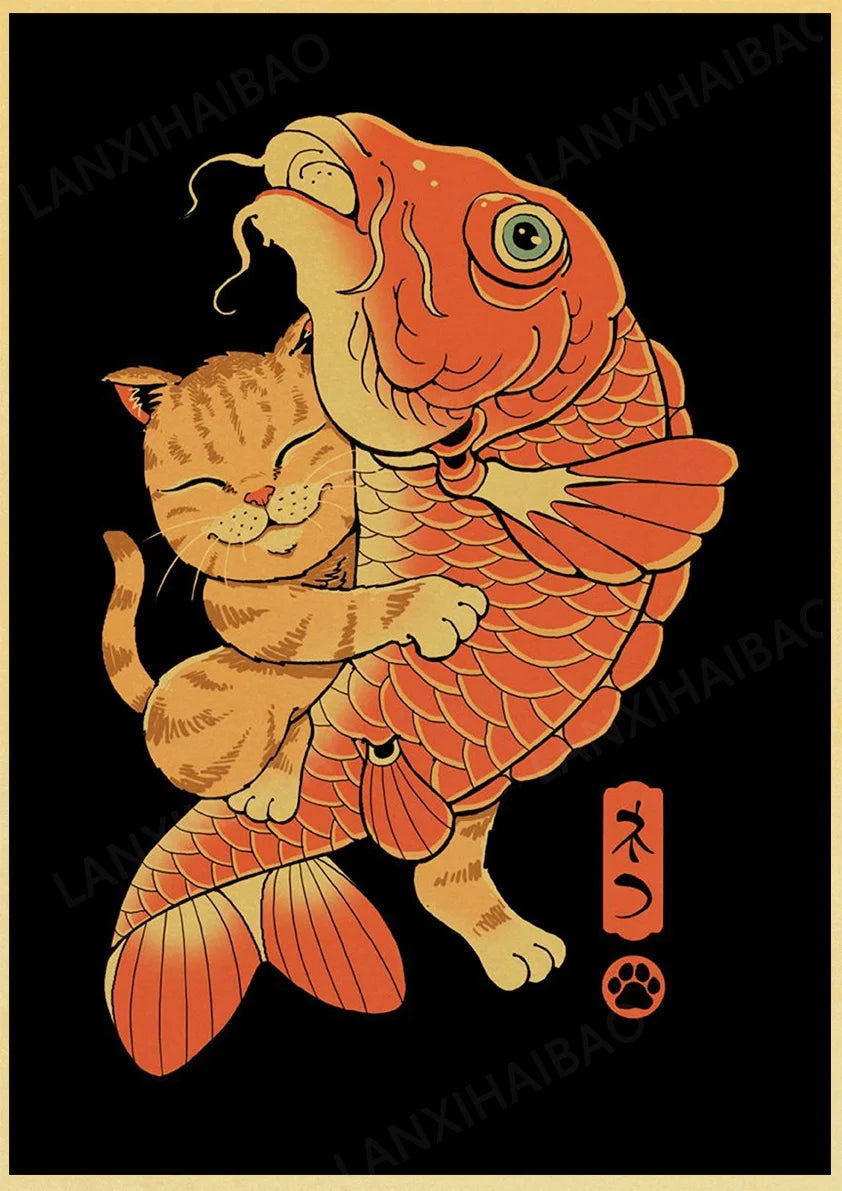 Retro Posters Bar decoration Japanese style Samurai cat Hand-Pulled Noodle octopus Waves Abstract Home Decor