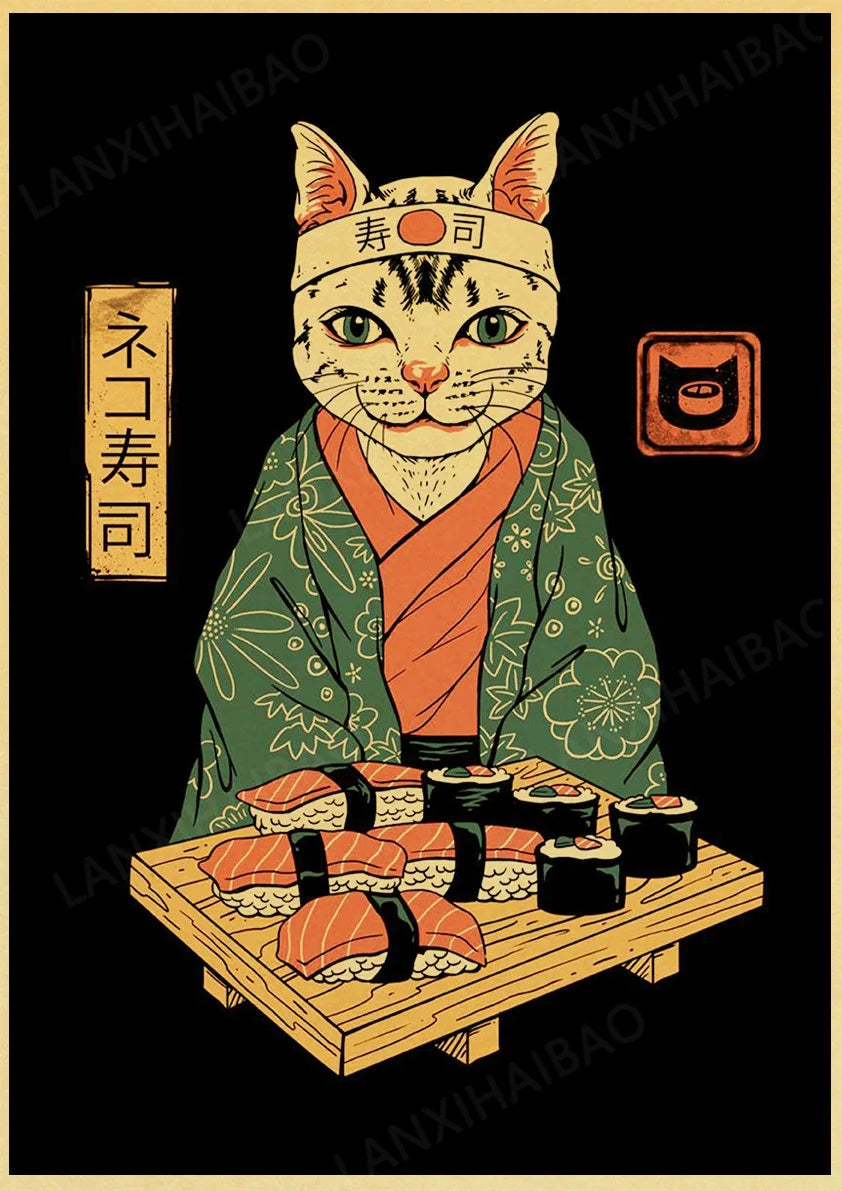 Retro Posters Bar decoration Japanese style Samurai cat Hand-Pulled Noodle octopus Waves Abstract Home Decor