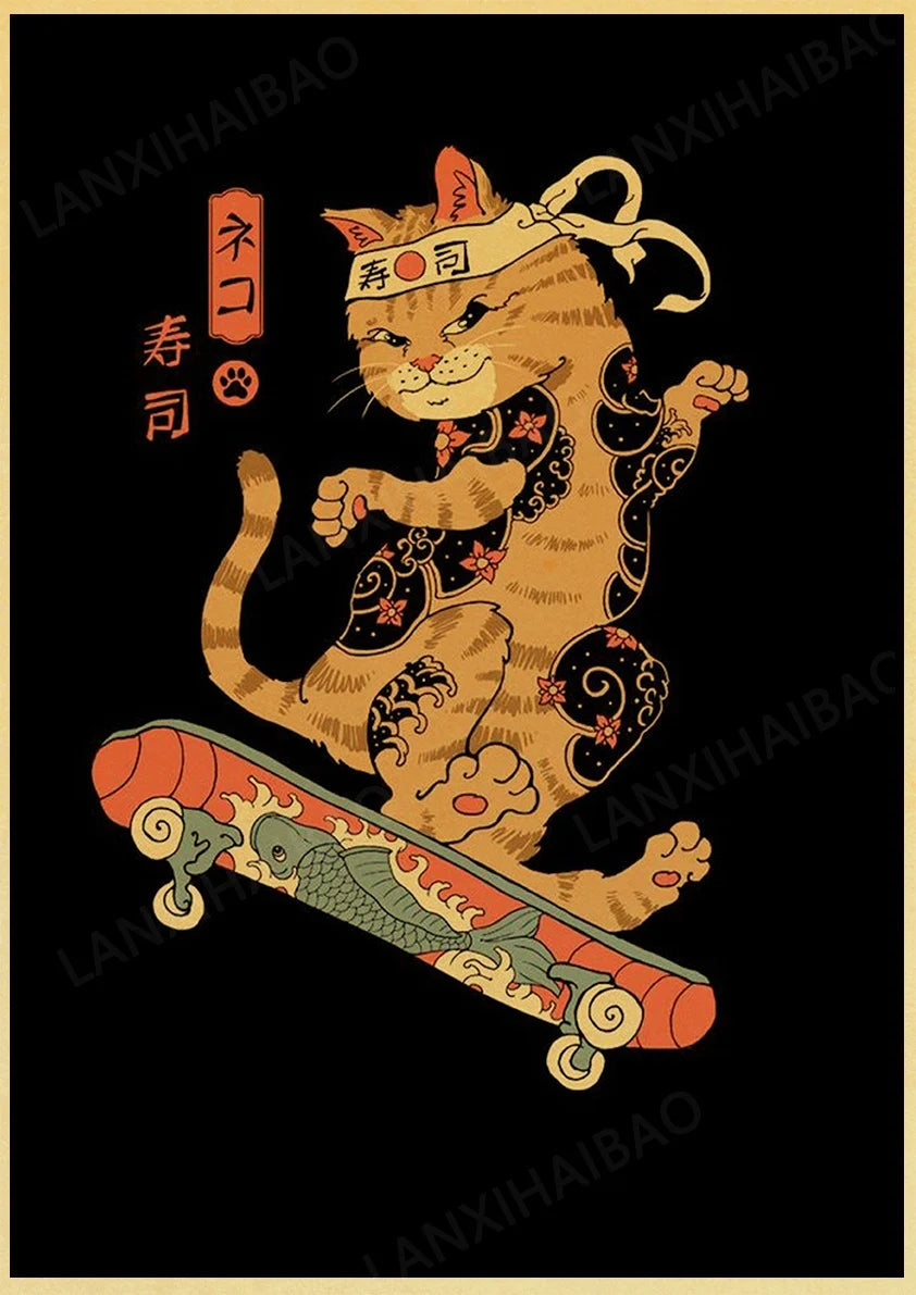 Retro Posters Bar decoration Japanese style Samurai cat Hand-Pulled Noodle octopus Waves Abstract Home Decor