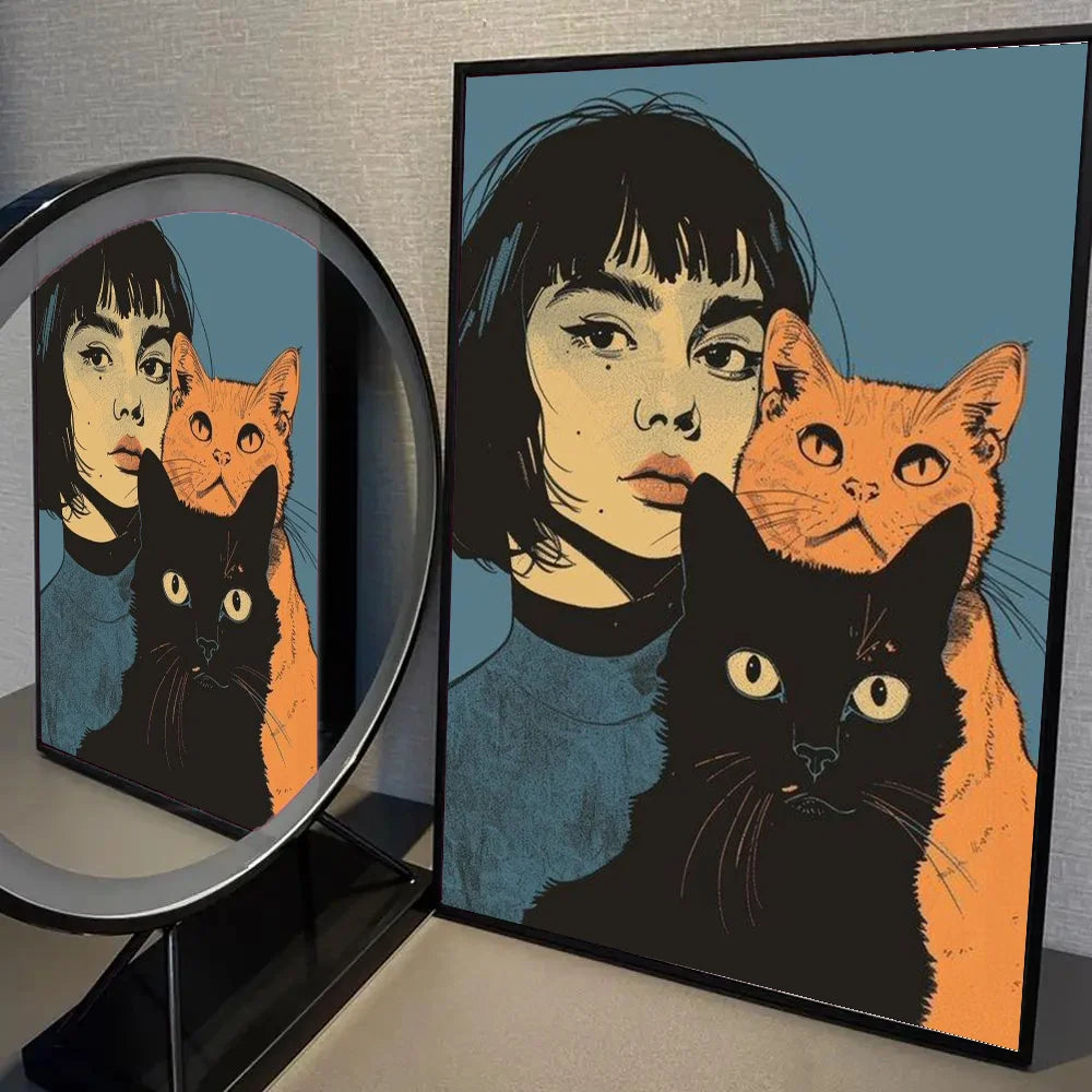 1pc Abstract Woman Bird Cat Flower Fish Couple Poster Self-adhesive Art Waterproof Paper Sticker Wall Decor