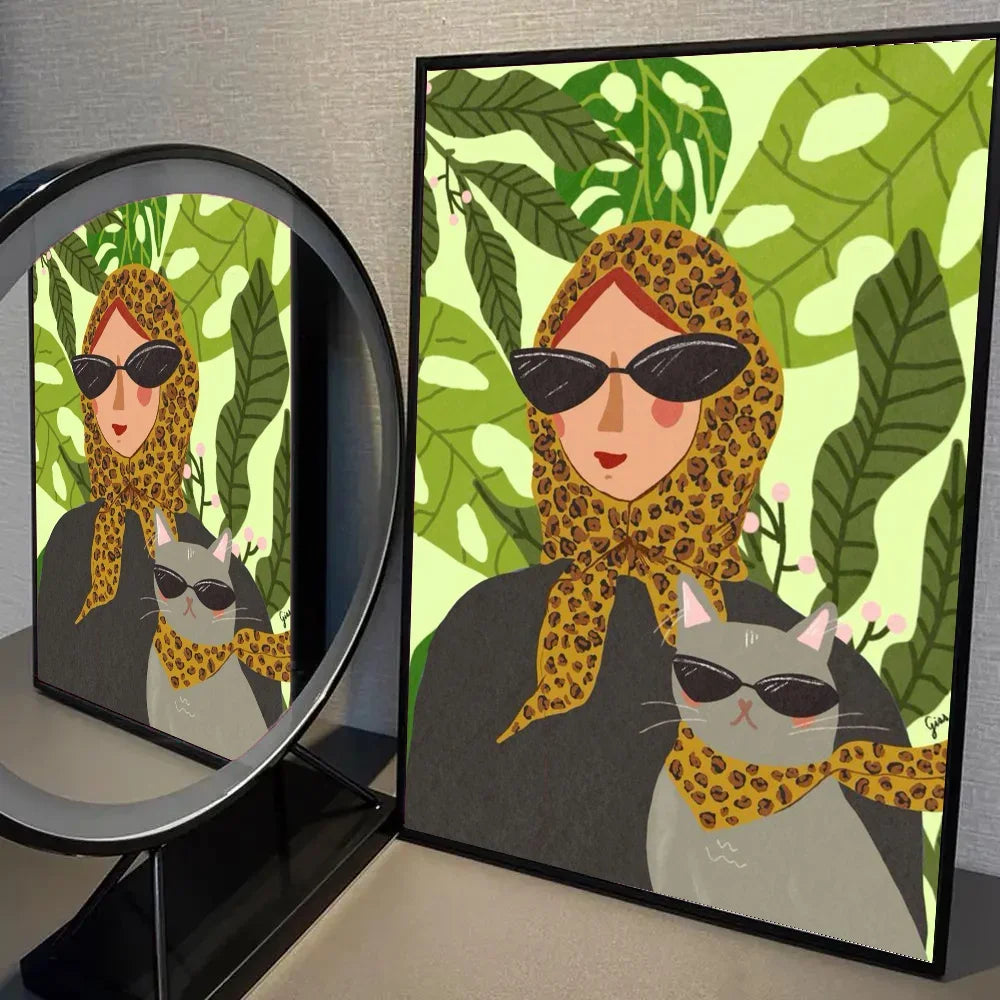 1pc Abstract Woman Bird Cat Flower Fish Couple Poster Self-adhesive Art Waterproof Paper Sticker Wall Decor