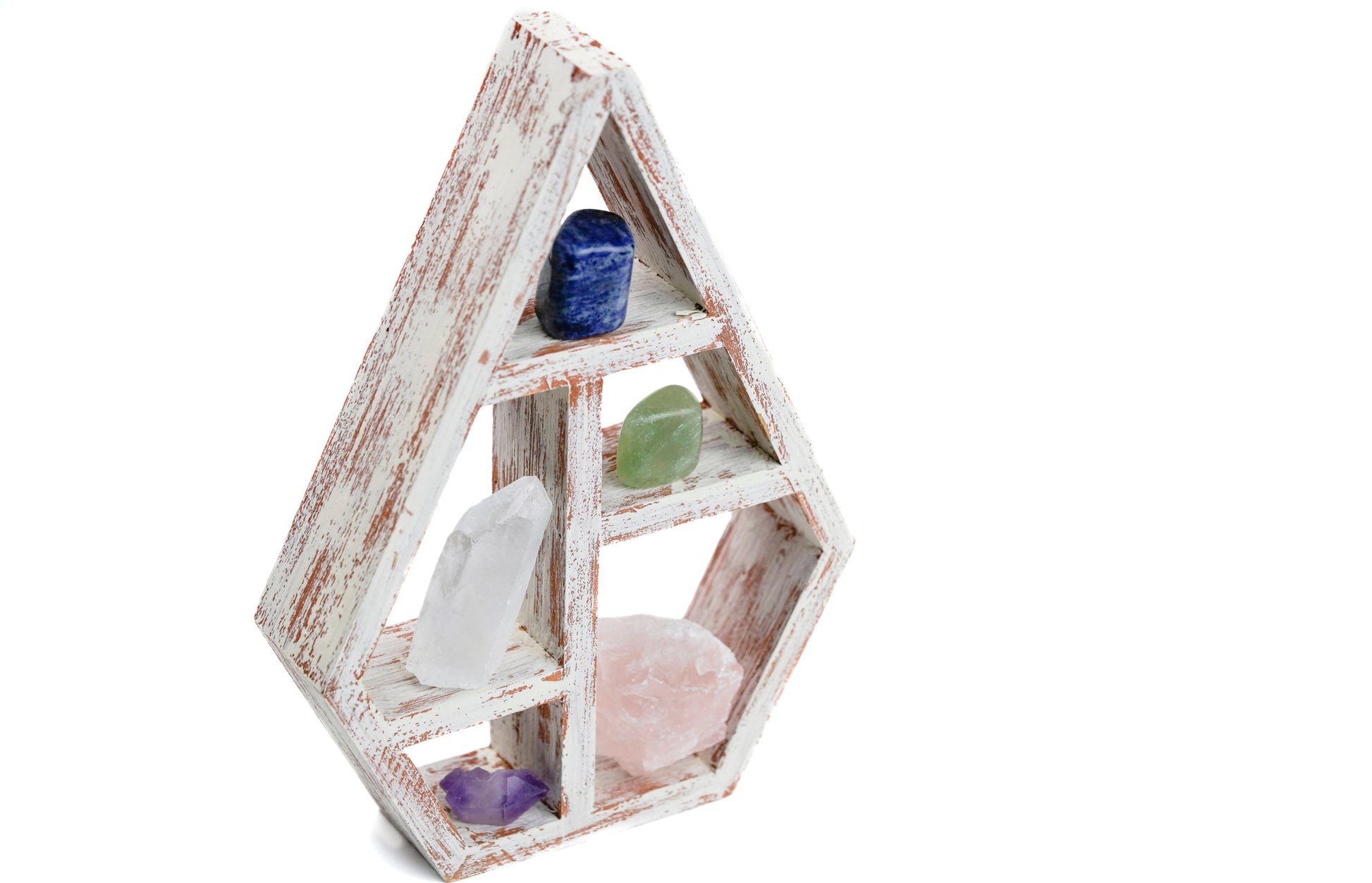 Boho crystal shelf display with healing stones and wood shelf